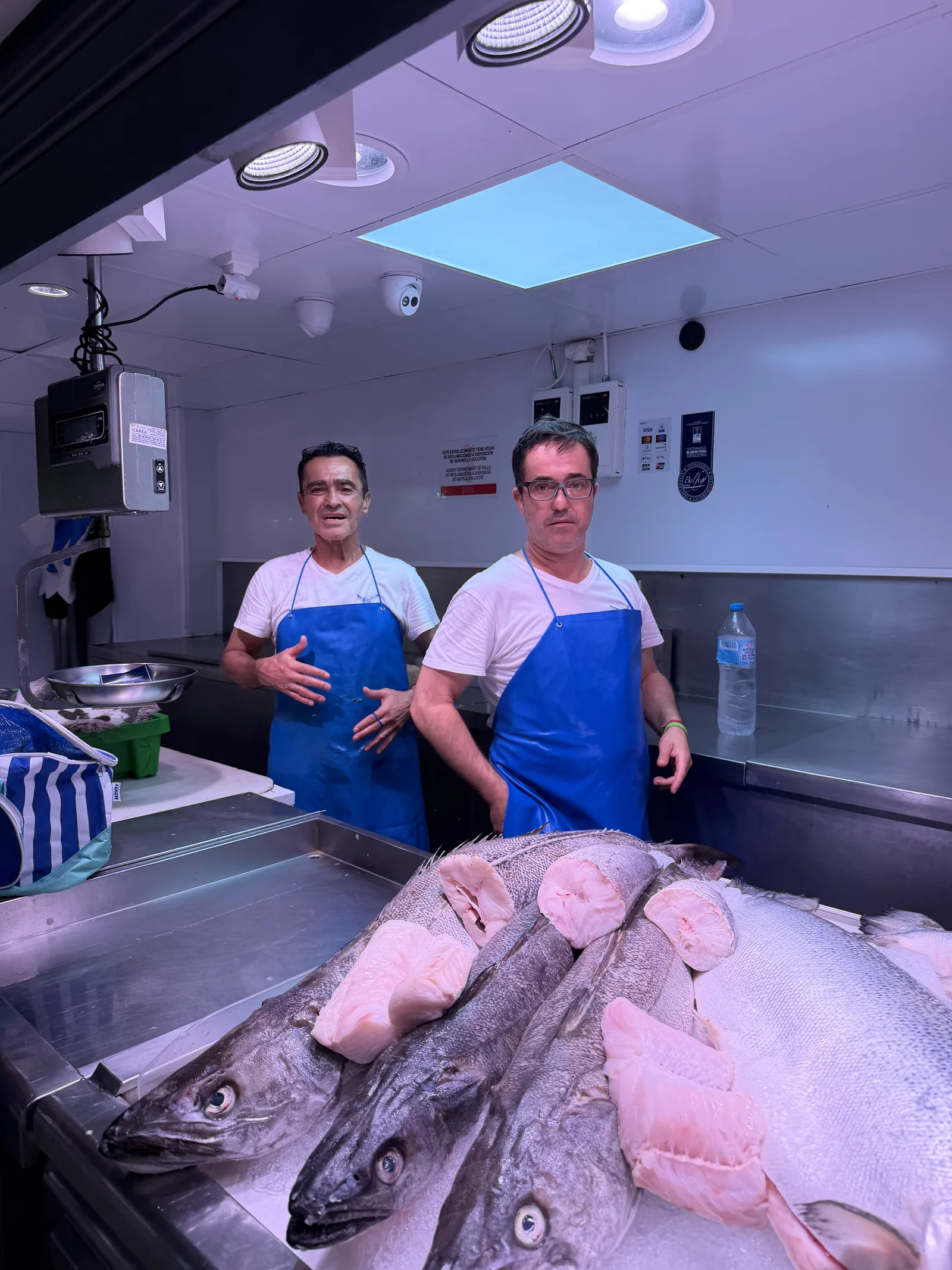 El equipo de Jesús Plana detrás del mostrador, con los delantales azules y merluzas sobre hielo